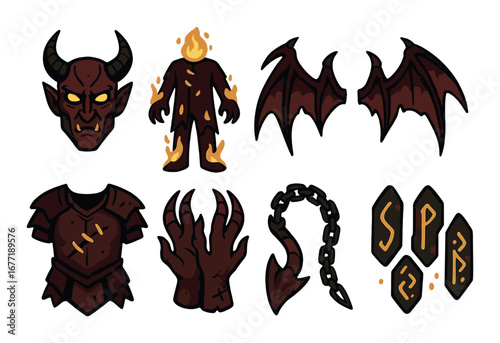 Demonic elements: devil head, flaming body, bat wings, armor, claws, chain, tail, runes