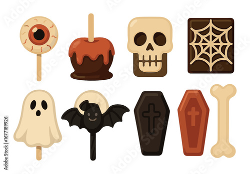 Halloween-themed candy and icon set featuring skulls, ghosts, and coffins