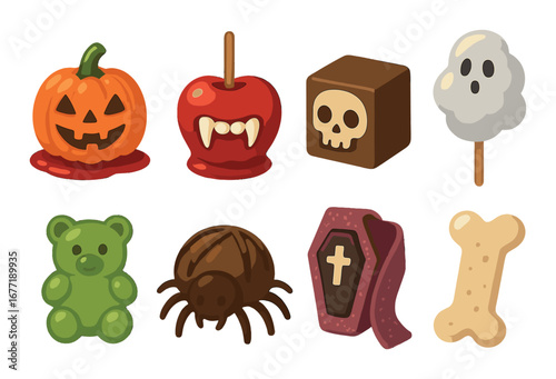 Colorful halloween-themed candy icons featuring pumpkins skulls and more