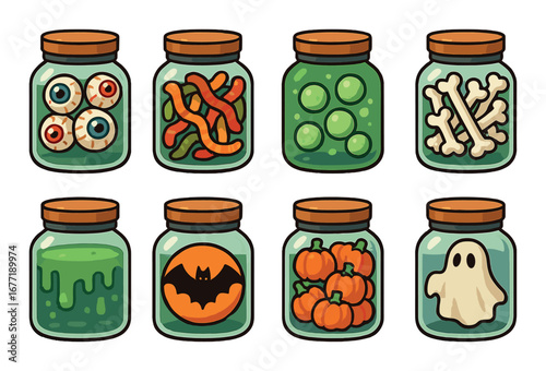Cartoon jars with halloween-themed items: eyeballs, worms, bones, ghost, pumpkins