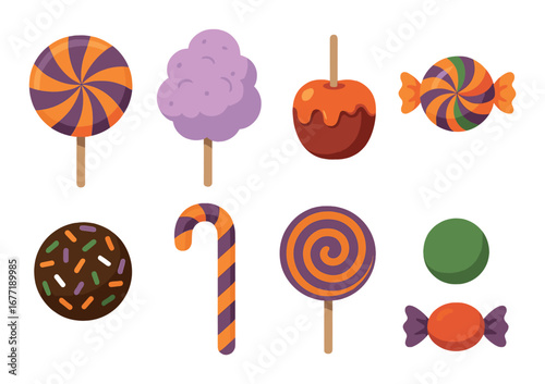 Colorful assorted candy: lollipops, cotton candy, caramel apple, candy cane on dark background