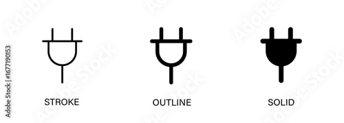Plug icon represents charging, electricity, power, connection and power source. Editable vector stroke, outline and solid icon.