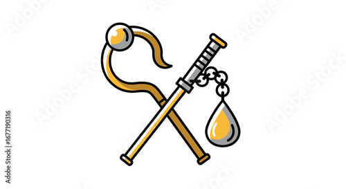 A Golden Shepherd's Crozier and Flail, Symbolizing Guidance and Authority, Crossed on a White Background - Representing Leadership and Pastoral Care