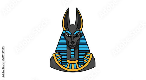 Ancient Egyptian god Anubis depicted as a black jackal-headed man wearing a traditional Egyptian headdress with blue and gold accents against a white background, symbolic of mythology and history