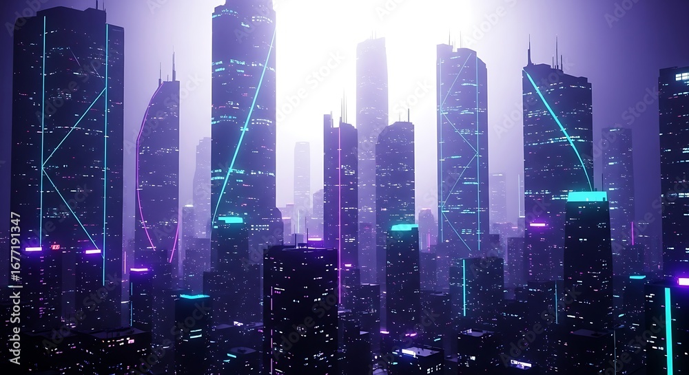 Fototapeta premium Futuristic cityscape with glowing neon lights and data connections at night