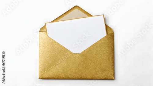 Elegant Golden Envelope with a Blank Card Suggesting Invitations or Greetings on Clean White Background, Ready for Custom Message