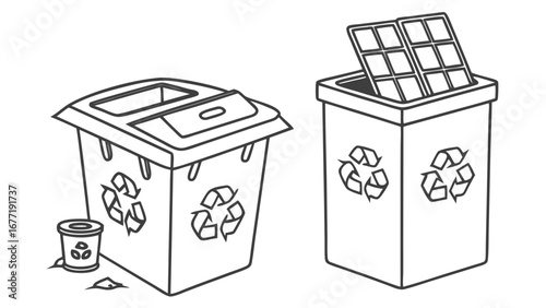 Illustration of recycling bins with recycle symbol