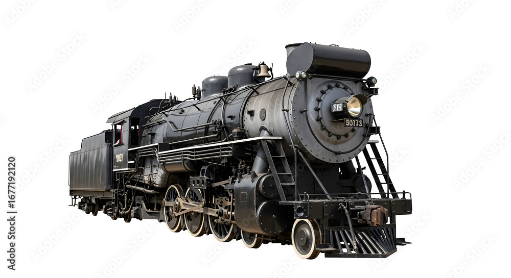 Naklejka premium Classic black steam locomotive engine isolated on white.