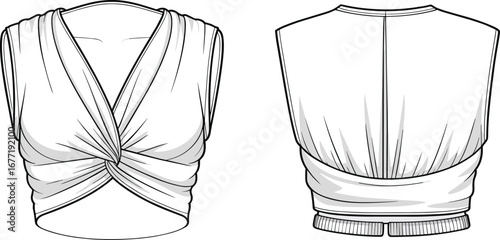 Fashion crop top vector illustration, stylish women sleeveless blouse design, twisted front detail sketch, modern apparel template, casual trendy clothing flat drawing