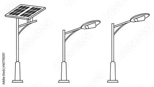Vector art of collection of modern street lamp post designs with solar panels on