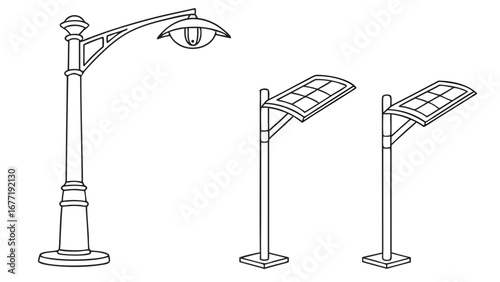 Vector art of collection of street lamp post designs with solar panels