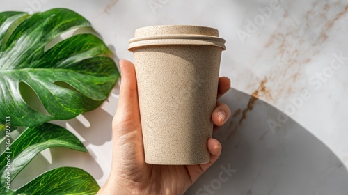 Sustainable Coffee Takeaway Concept with Paper Cup and Green Plant Elements