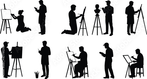 Silhouette artist vector illustration, people drawing painting sketch, creative art studio design, painter working on easel, artistic figure drawing, man woman painting activity