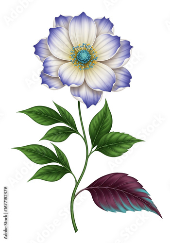 Beautiful digital illustration of a white and purple flower with a vibrant turquoise center, green stem, and unique red and blue leaves