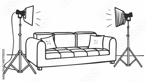 Modern sofa flanked by two large studio lights isolated on a white background for commercial shoots.