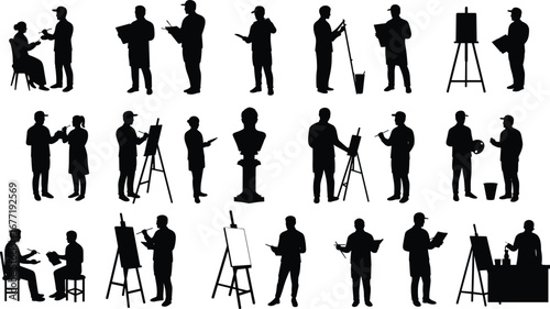 Artist silhouette vector set, painter drawing, art students, easel and canvas, creative illustration, sketching figures, art class, artist pose collection, painting icons