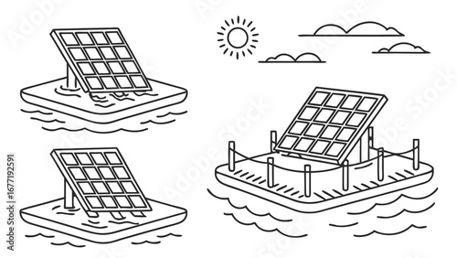 Vector art of floating solar panel system on water with sun and clouds