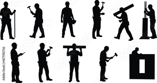 Construction worker silhouettes, handyman tools, carpentry acti