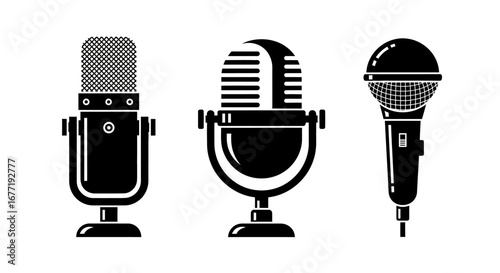 Vector illustration of collection of three vintage microphones