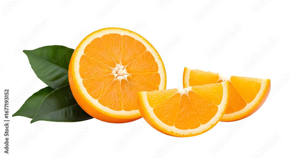 Fototapeta premium Closeup of a Sliced Orange with Green Leaves.