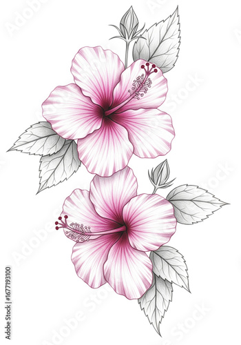 Detailed pink and white hibiscus flowers with grayscale leaves botanical illustration. Realistic hand-drawn tropical floral art print.