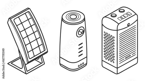 Vector art of isometric illustration of solar panel, air purifier and generator on