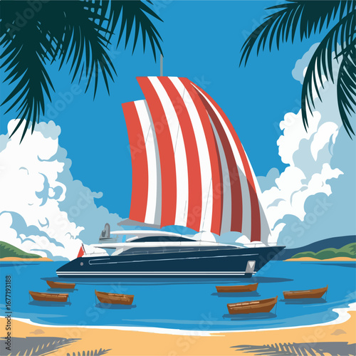 yacht, boat, sail, ship, illustration, vector, vacation, design, sea, ocean, travel, transport, summer, adventure, water, sailboat, nautical, object, transportation, isolated, background, beach, 