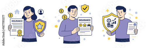 Insurance Set. Finance Protection with Shield, Insurance Plan, Finance and Security Services, People Holding Shield, Money, Document, Car, House, Safety and Security. Flat Style Vector Illustration.