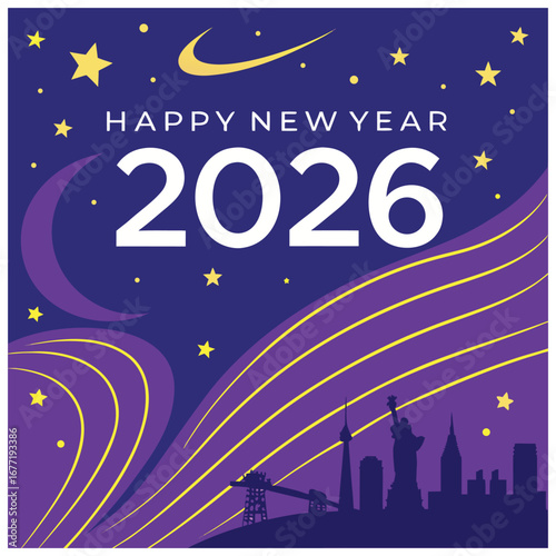 Happy New Year 2026 greeting card with a night sky, stars, moon, and a silhouette of a city skyline including famous landmarks.