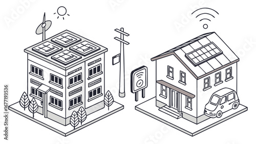 Vector art of isometric view of a smart city with renewable energy sources on