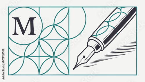 Vector art of letter m with a fountain pen drawing on a patterned background