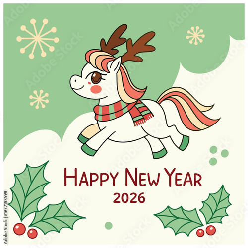 A cute cartoon unicorn with reindeer antlers and a scarf, celebrating the New Year 2026 with festive decorations.