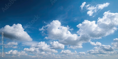 Fototapeta Naklejka Na Ścianę i Meble -  Fluffy white cumulus clouds scattered across a vibrant blue sky (1)