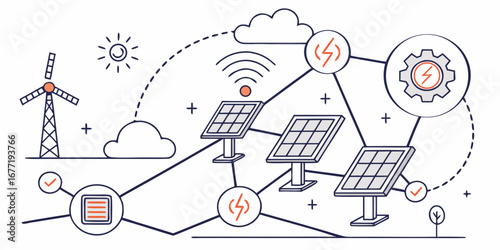 Vector art of renewable energy network with solar panels and wind turbine