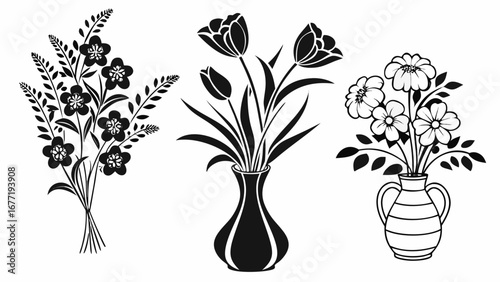 Three floral arrangements in vases and bouquet in black and white line art style illustration created with generated ai