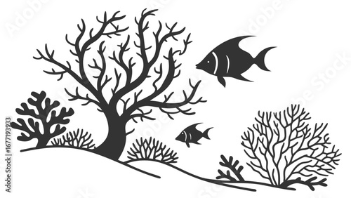 Silhouette illustration of two fish swimming near coral and a bare tree on a white background created with generated ai