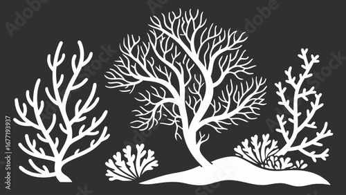 Silhouette of coral reef elements including branching coral and small coral bushes on a dark background created with generated ai