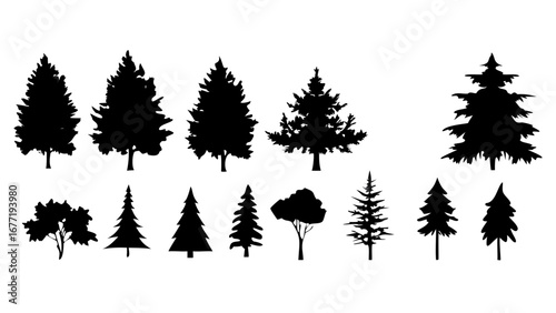 Collection of silhouette trees including pine and deciduous trees in various shapes and sizes on white background created with generated ai
