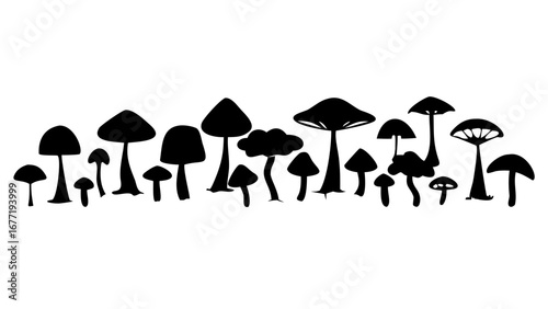 Silhouette illustration of various mushrooms in a row with different shapes and sizes against white background created with generated ai