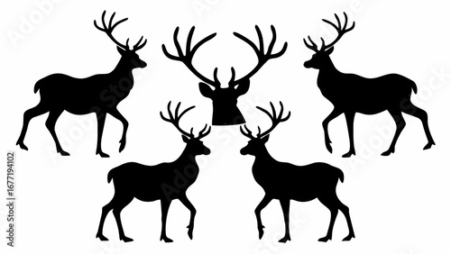 Silhouette illustration featuring five deer with large antlers in various positions and orientations created with generated ai