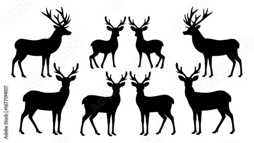 Silhouette illustration of a group of deer with large antlers standing in various poses on a white background created with generated ai