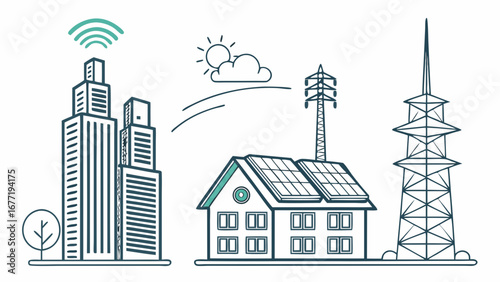 Vector art of smart city with renewable energy sources and communication towers on
