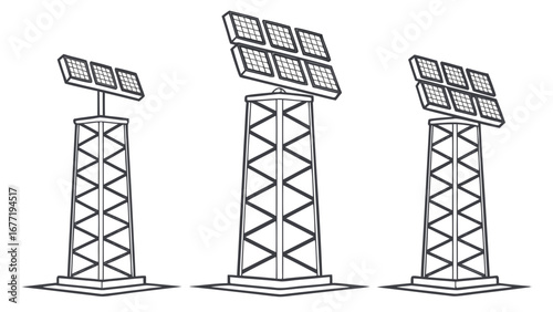 Vector art of solar panel towers with different configurations