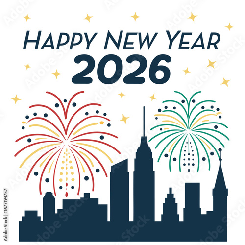 A vibrant illustration of a city skyline at night with colorful fireworks exploding above, celebrating Happy New Year 2026 with sparkling stars.