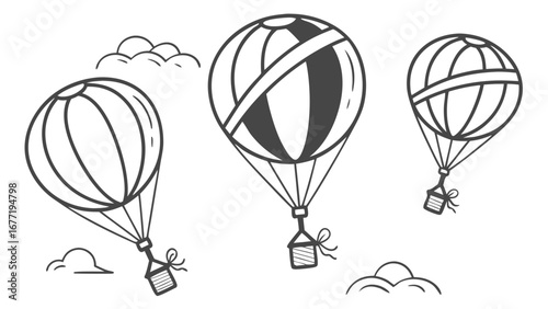 Vector art of three hot air balloons with baskets