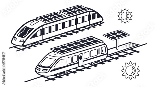Vector art of two solar panel trains on railway with sun