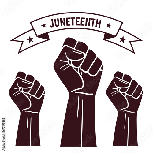 Juneteenth Celebration Three Raised Fists with Ribbon and Stars Vector Art freedom emancipation