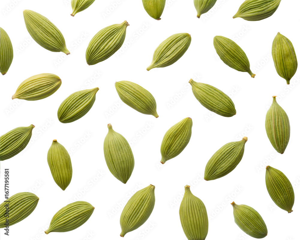 Fototapeta premium Green cardamom pods scattered on a black background isolated on transparent background