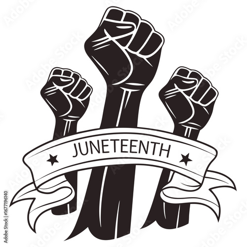 Juneteenth Black Fists Raised With Stars and Ribbon on White Background freedom emancipation
