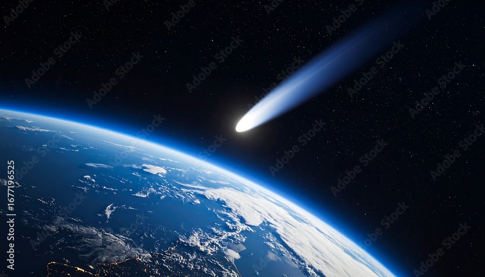Fototapeta premium Approaching Comet Dramatic Space View with Earth with Night Sky, and Asteroid Impact Concept.
